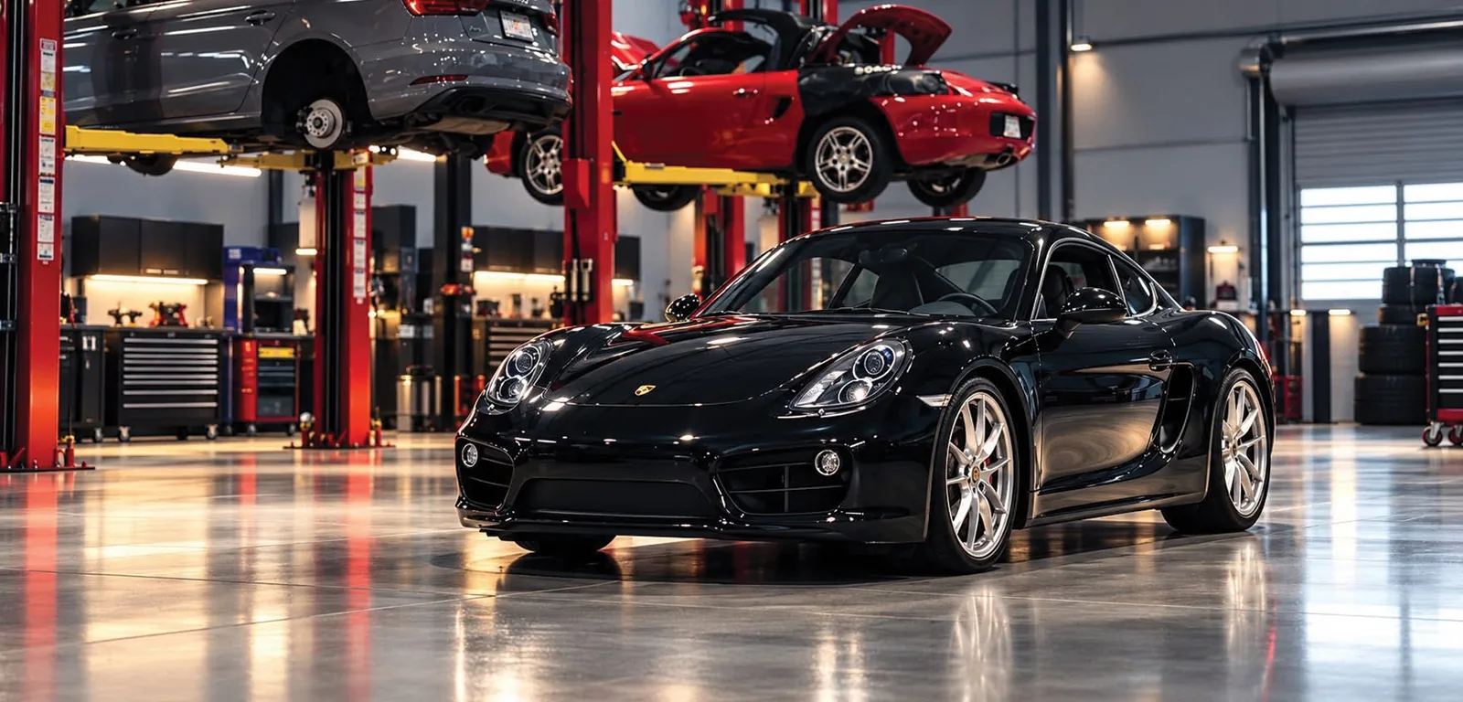 Black Porsche Cayman S in the Foreign Affairs Motorsports workshop, with vehicles on lifts behind